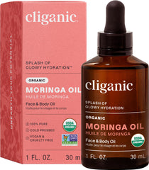 Cliganic Moringa Oil bottle with pour top for smooth skin and hair nourishment.