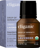 Cliganic Organic Lavender Essential Oil bottle close-up for calming aromatherapy at home.