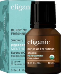 Cliganic Organic Peppermint Oil bottle showing pure aroma for aromatherapy