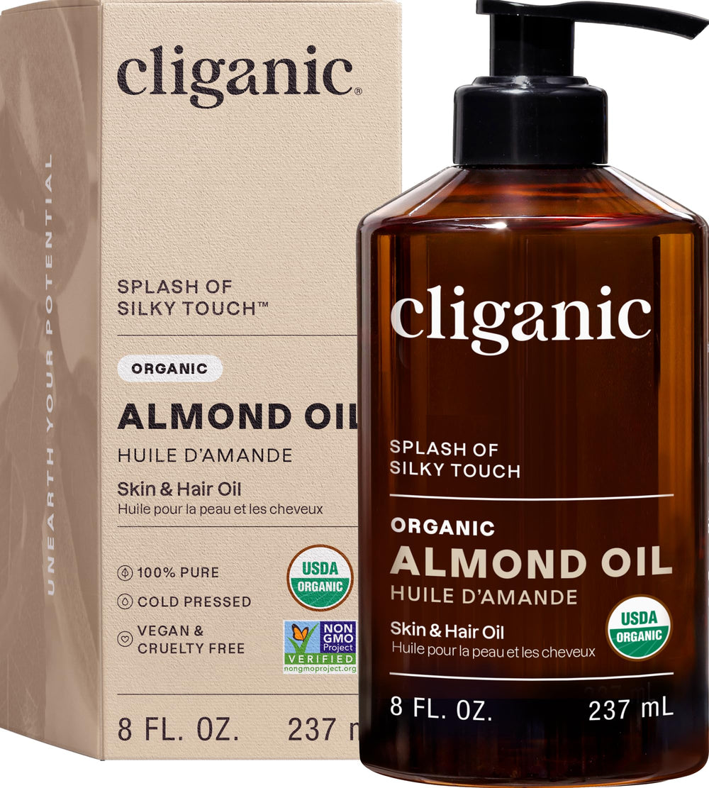 Cliganic Organic Sweet Almond Oil bottle pour shows silky texture ideal for skin care
