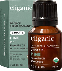 Cliganic Pine Essential Oil bottle close-up for pure pine aroma in diffusers