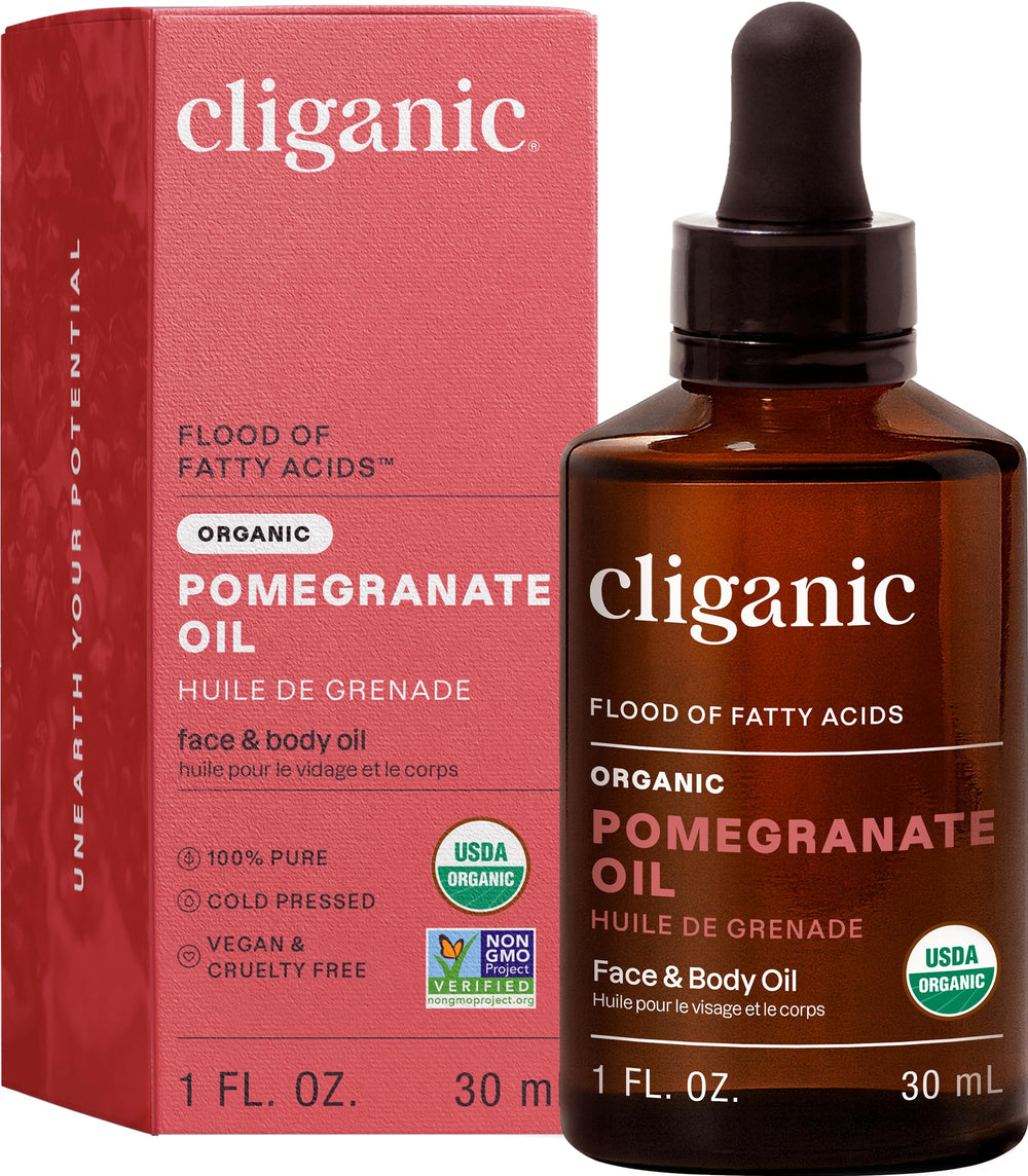 Cliganic Pomegranate Oil bottle closeup, showcasing 100% pure cold-pressed formula for nourishing skin.