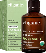 Cliganic rosemary essential oil bottle with dropper for aromatherapy diffusion.