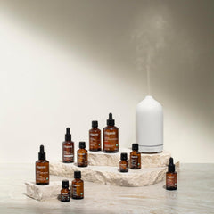 Cliganic Sleep Surrender oils bottle array emphasizing seven pure essential oils.