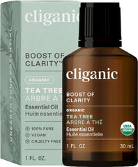 Cliganic Tea Tree Oil bottle close-up, single-ingredient purity for diffusers.