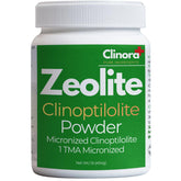 Clinora Zeolite Detox powder bottle on countertop with ultrafine particles for daily detox