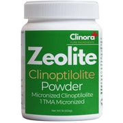 Clinora Zeolite Detox powder bottle on countertop with ultrafine particles for daily detox