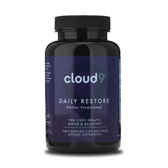 Cloud9 Daily Restore bottle front view highlights liver support formula for daily wellness.