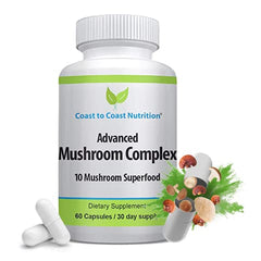 Coast to Coast Nutrition Advanced Mushroom Complex bottle label for daily immune support.
