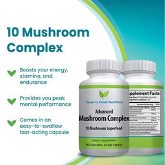 Coast to Coast Nutrition Advanced Mushroom Complex ingredients panel with mushrooms.