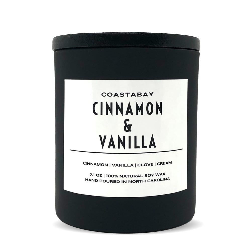CoastaBay Cinnamon and Vanilla candle on shelf adds cozy fragrance to home