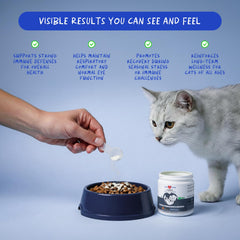 Coco and Luna lysine dosing scoop shown for easy daily administration.