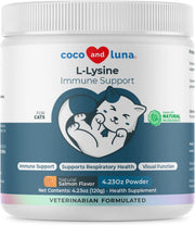 Coco and Luna L-Lysine powder tub for cats supports immune health.