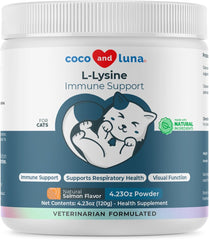 Coco and Luna L-Lysine powder tub for cats supports immune health.