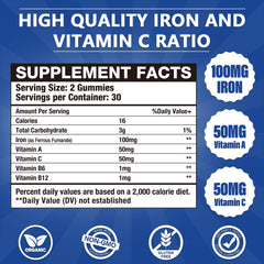 CocoaNee iron gummies bottle side view with vitamin C and B12.