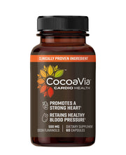 CocoaVia Cardio Health bottle label highlights 500 mg cocoa flavanols for circulation support.