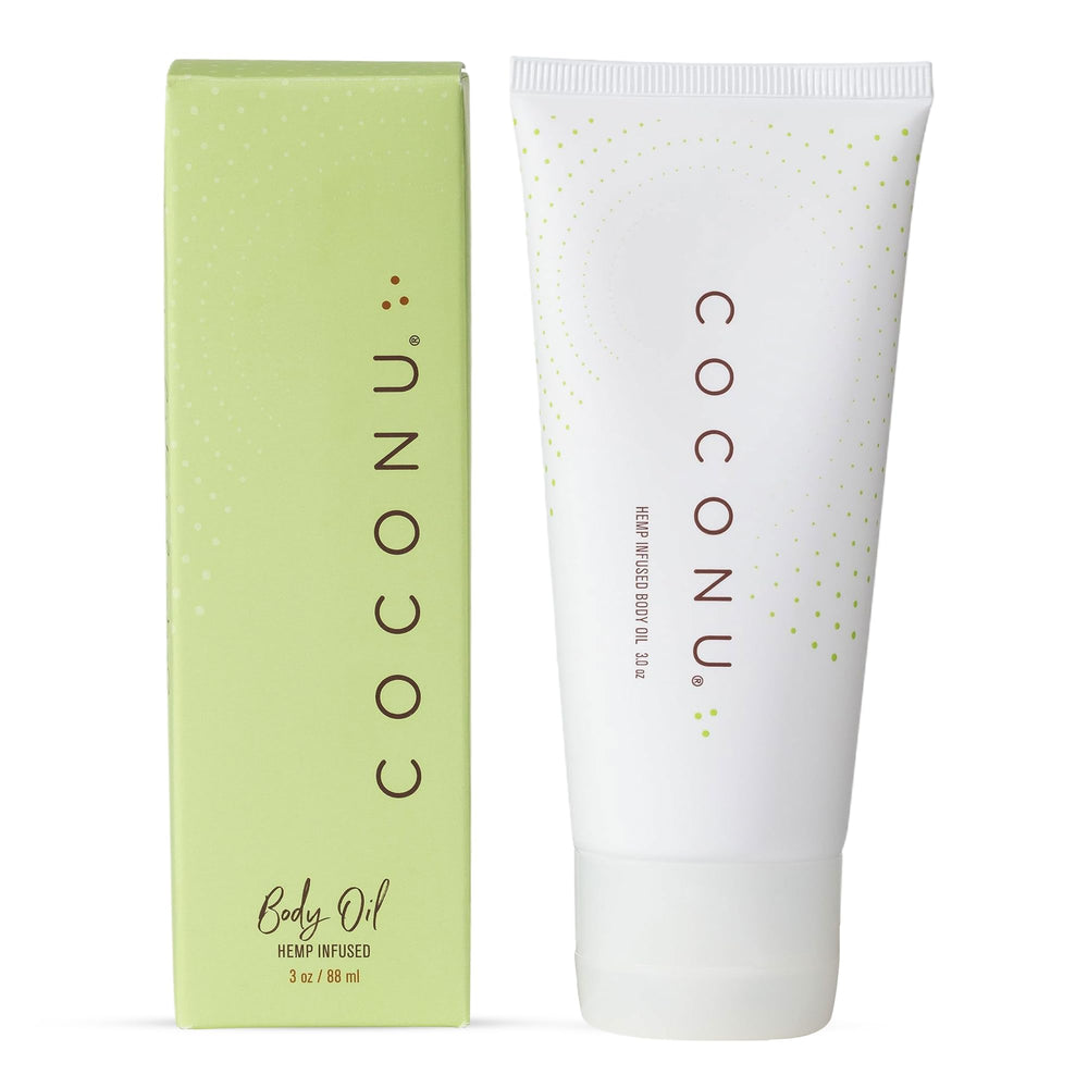 COCONU hemp infused moisturizing oil bottle front demonstrates gentle hydration for daily skin care.
