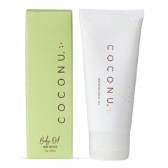 COCONU hemp infused moisturizing oil bottle front demonstrates gentle hydration for daily skin care.