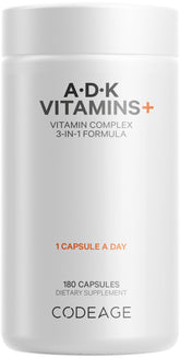 Codeage ADK vitamins bottle and label highlight essential fat-soluble vitamins for daily support