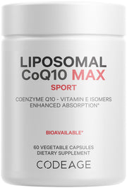 Codeage Liposomal CoQ10 Max bottle front label highlights high potency per serving.