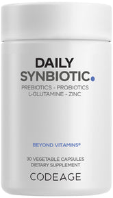 Codeage Daily Synbiotic bottle front view for daily gut support on the go