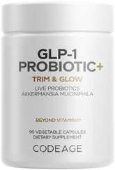 Codeage GLP-1 Probiotic+ bottle showing the complete formula for digestive balance
