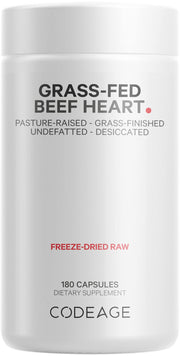 Codeage Grass-Fed Beef Heart bottle label shows premium nutrition from pasture-raised cattle for daily wellness.