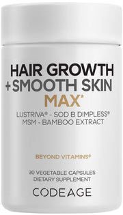 Codeage Hair Growth + Smooth Skin Max bottle signals full hair support and skin care benefits