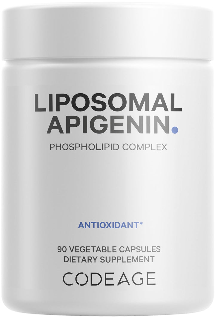 Codeage Liposomal Apigenin bottle front with vegan, non-GMO formula for daily wellness.