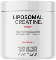 Codeage liposomal creatine powder bottle showing 5,000 mg per serving for your workout routine