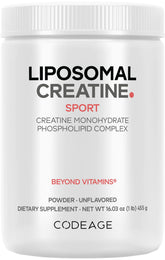 Codeage liposomal creatine powder bottle for convenient daily use during workouts.