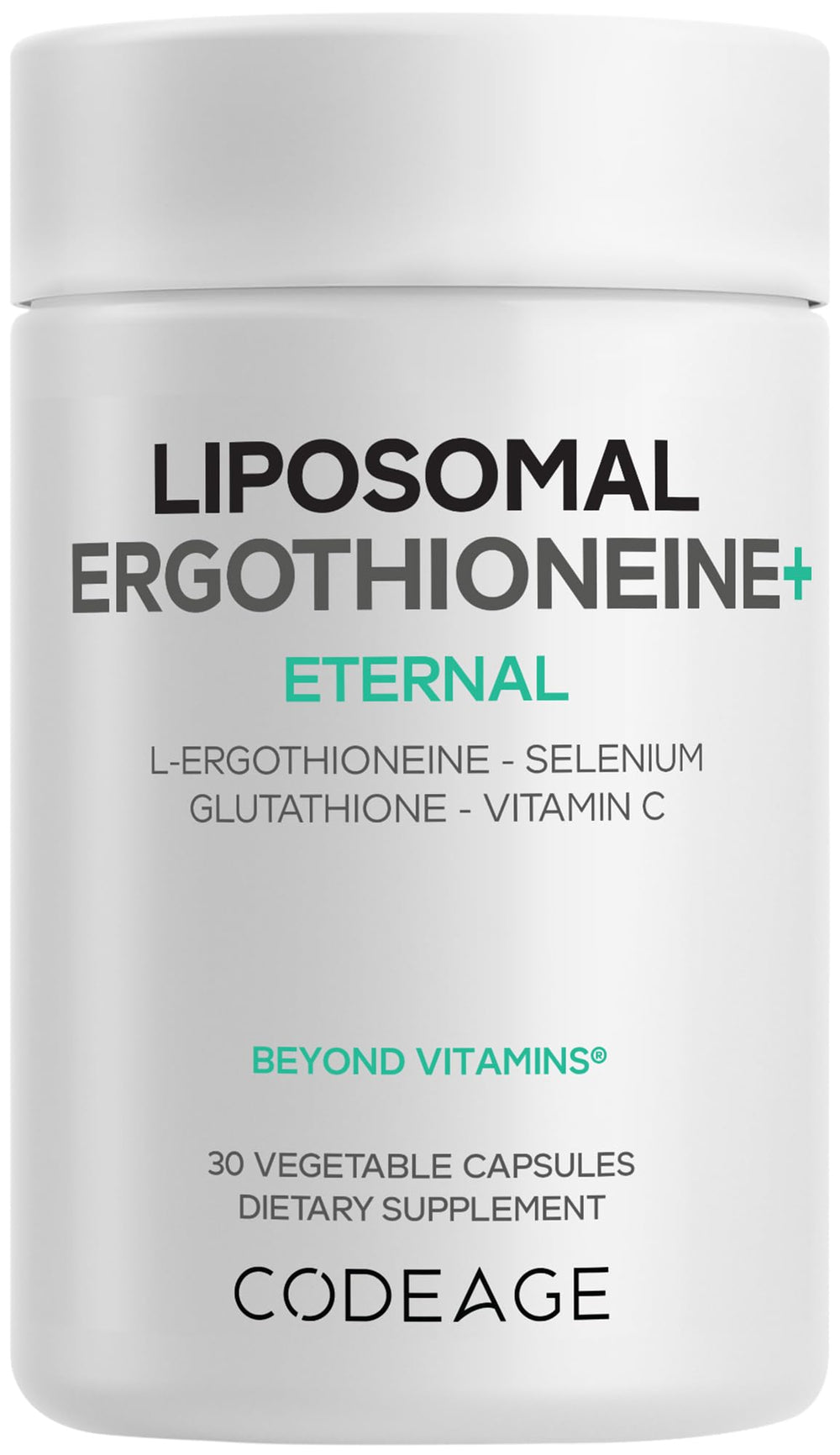 Codeage Liposomal Ergothioneine+ bottle: vegan antioxidant support in a convenient daily capsule.
