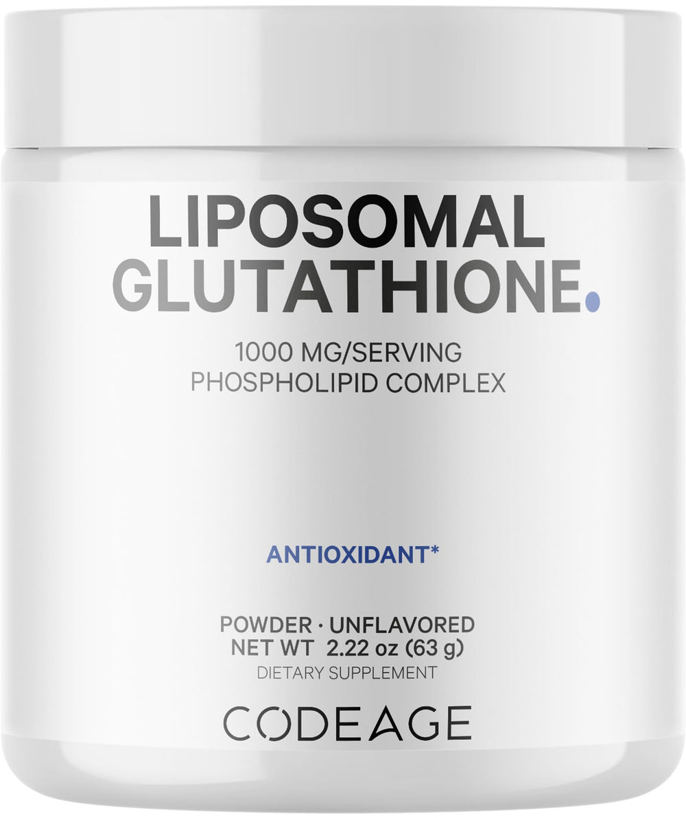 Codeage Liposomal Glutathione Powder bottle close-up showing premium packaging and clean formula.