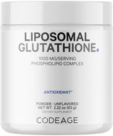 Codeage Liposomal Glutathione Powder bottle close-up showing premium packaging and clean formula.
