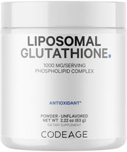 Codeage Liposomal Glutathione Powder bottle close-up showing premium packaging and clean formula.