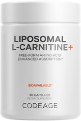 Codeage Liposomal L-Carnitine+ bottle front view, vegan capsules for daily support.