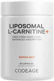 Codeage Liposomal L-Carnitine+ bottle front view, vegan capsules for daily support.