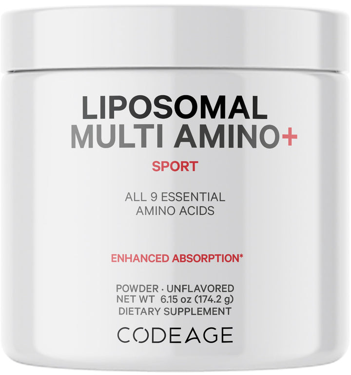 Codeage Liposomal Multi Amino Bottle shows a vegan, non-GMO supplement for daily amino intake.