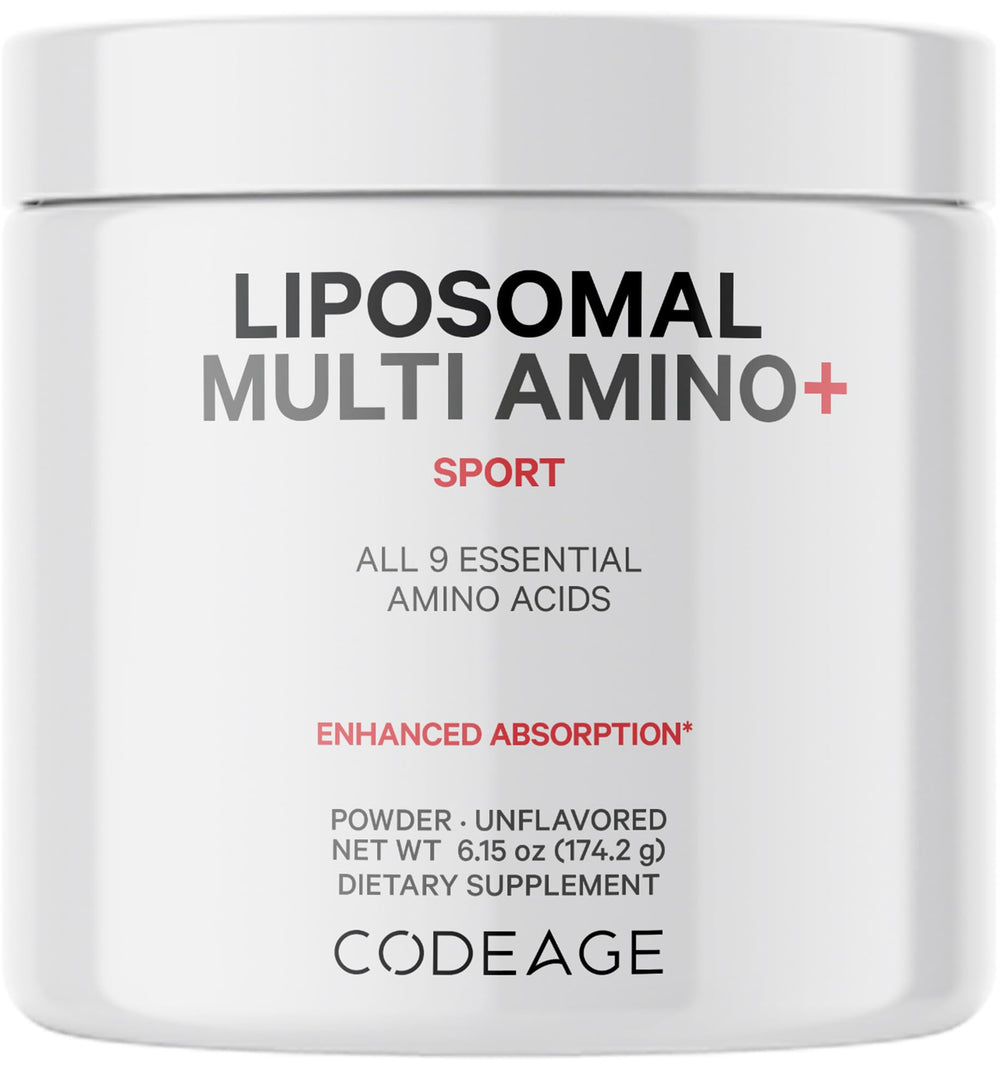 Codeage Liposomal Multi Amino Bottle shows a vegan, non-GMO supplement for daily amino intake.