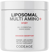 Codeage Liposomal Multi Amino Bottle shows a vegan, non-GMO supplement for daily amino intake.