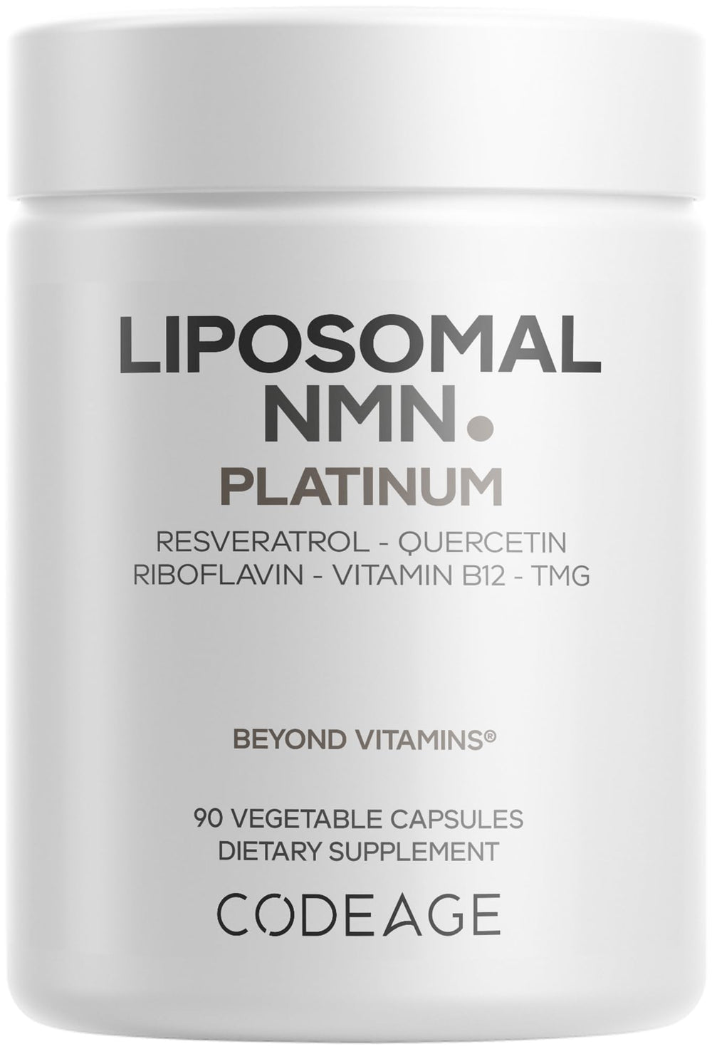 Codeage Liposomal NMN Platinum bottle front view highlighting 500 mg NMN per serving for daily use.