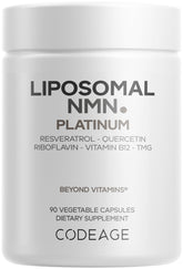 Codeage Liposomal NMN Platinum bottle front view highlighting 500 mg NMN per serving for daily use.