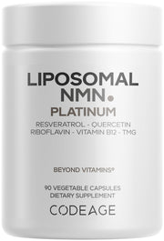 Codeage Liposomal NMN Platinum bottle front view highlighting 500 mg NMN per serving for daily use.