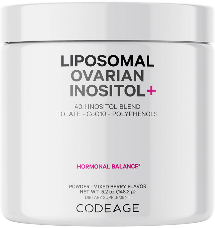 Codeage liposomal ovarian inositol powder bottle for daily use.