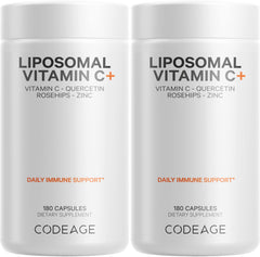 Codeage liposomal vitamin C bottle and capsules showing high-dose daily formula