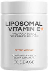 Codeage liposomal vitamin E bottle displaying a premium tocopherol blend for daily support