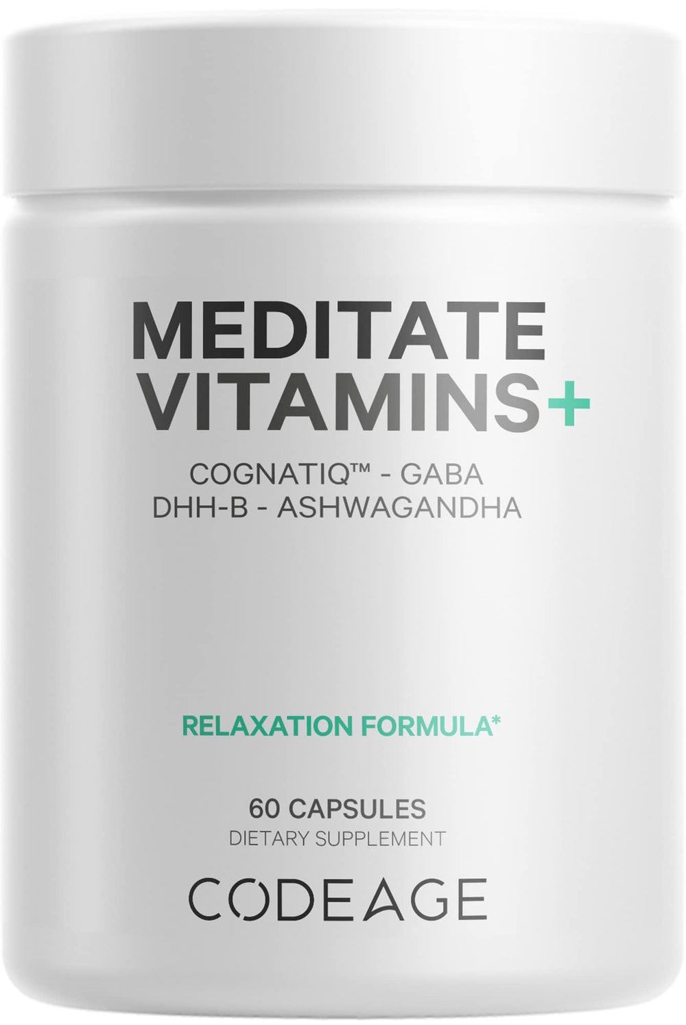 Codeage Meditate vitamins bottle front highlighting CognatiQ content for daily brain support.