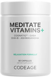 Codeage Meditate vitamins bottle front highlighting CognatiQ content for daily brain support.