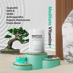 Codeage Meditate capsules close-up illustrating vegan, non-GMO formula for daily brain support.