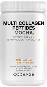 Codeage Multi Collagen Peptides Coffee Mocha bottle close-up for a convenient morning ritual